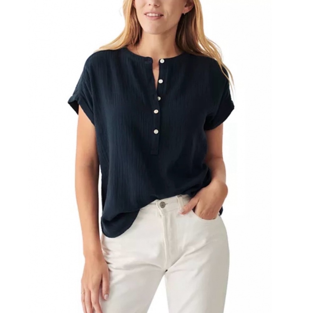 Faherty Dream Desmond Cotton Gauze Top Medium Navy Blue